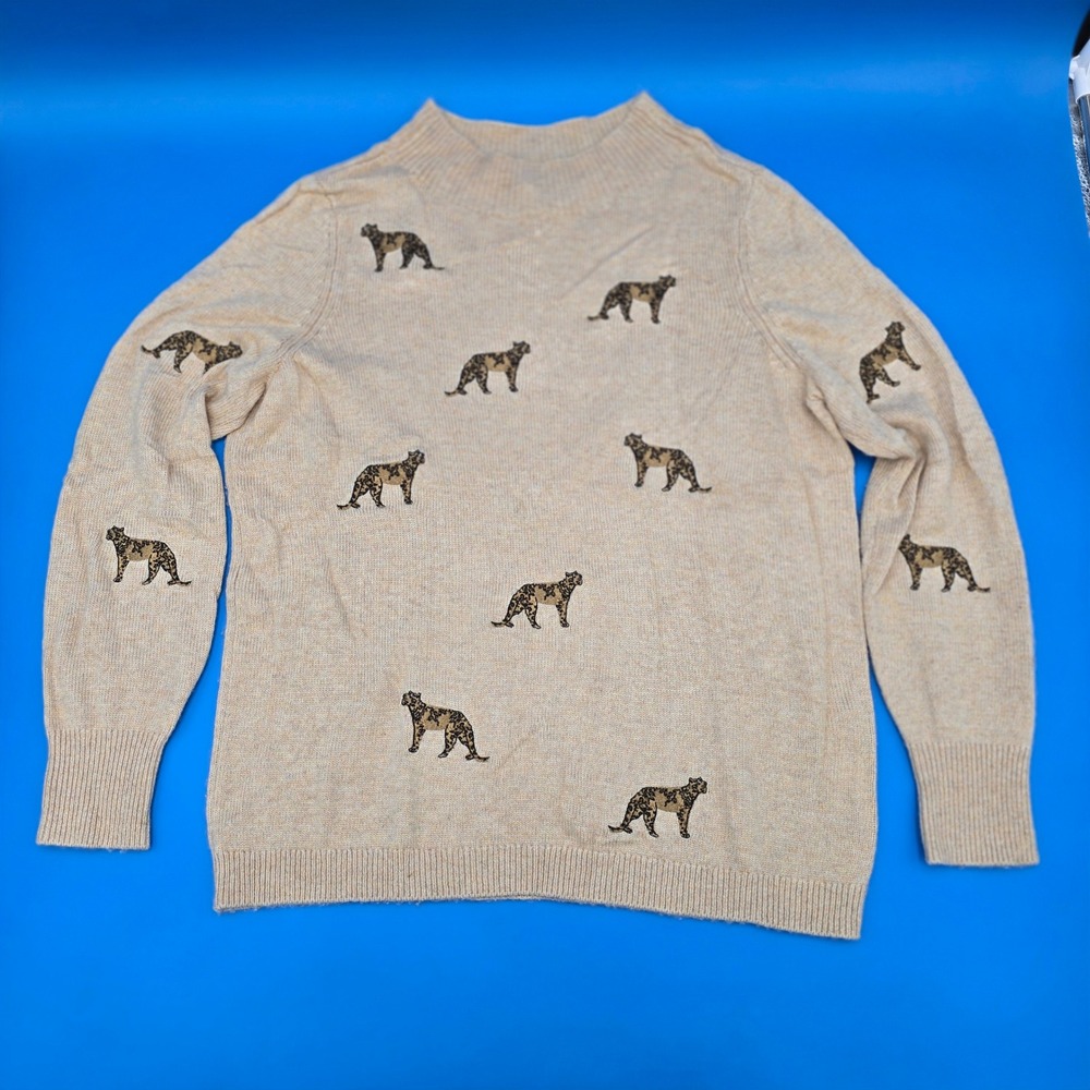 Chico's Size 1 (M 8) Cashmere‎ Blend Sweater Embroidered Leopard Print Mock Neck